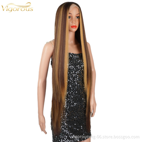 Vigorous 40 Inch Brown Colored Highlight Wig Glueless Lace Front Synthetic Hair Wigs Pre Plucked Straight Wig
